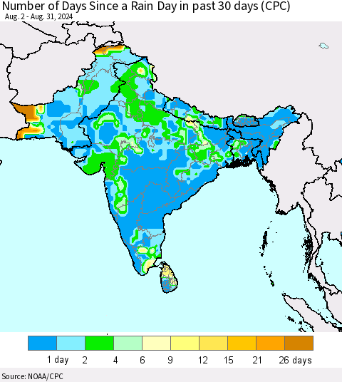 Southern Asia Number of Days Since a Rain Day in past 30 days (CPC) Thematic Map For 8/26/2024 - 8/31/2024