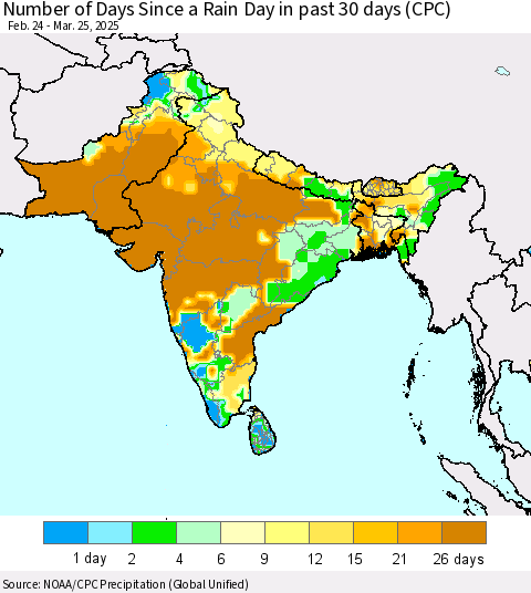 Southern Asia Number of Days Since a Rain Day in past 30 days (CPC) Thematic Map For 3/21/2025 - 3/25/2025