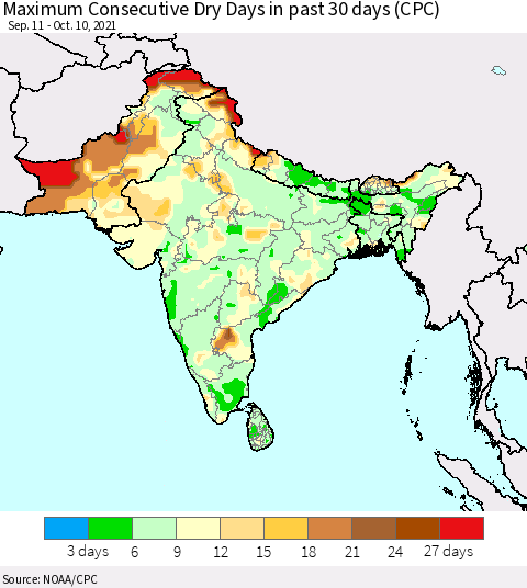 Southern Asia Maximum Consecutive Dry Days in past 30 days (CPC) Thematic Map For 10/6/2021 - 10/10/2021
