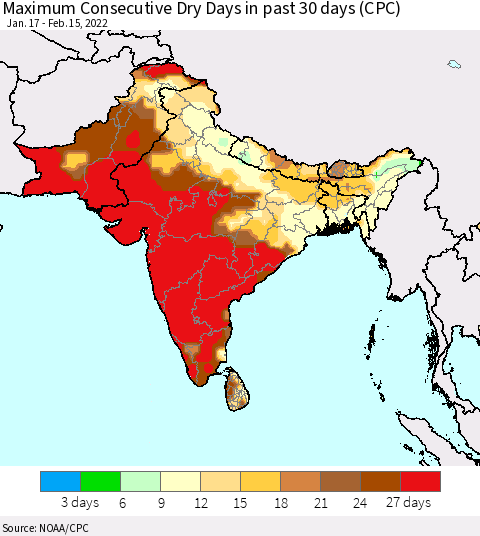 Southern Asia Maximum Consecutive Dry Days in past 30 days (CPC) Thematic Map For 2/11/2022 - 2/15/2022
