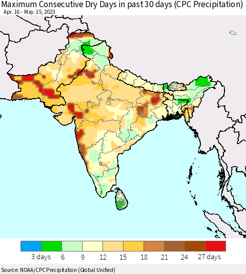 Southern Asia Maximum Consecutive Dry Days in past 30 days (CPC Precipitation) Thematic Map For 5/11/2023 - 5/15/2023