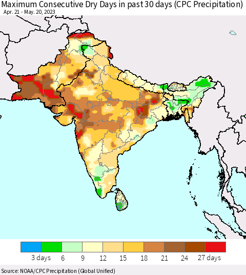 Southern Asia Maximum Consecutive Dry Days in past 30 days (CPC Precipitation) Thematic Map For 5/16/2023 - 5/20/2023