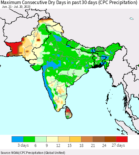 Southern Asia Maximum Consecutive Dry Days in past 30 days (CPC Precipitation) Thematic Map For 7/16/2023 - 7/20/2023