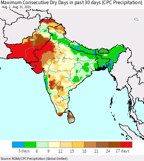 Southern Asia Maximum Consecutive Dry Days in past 30 days (CPC Precipitation) Thematic Map For 8/26/2023 - 8/31/2023