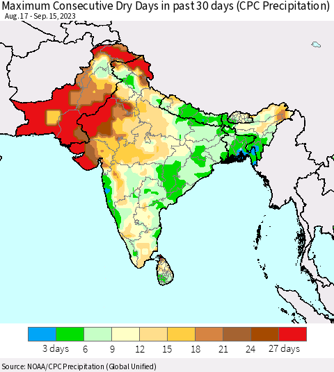 Southern Asia Maximum Consecutive Dry Days in past 30 days (CPC Precipitation) Thematic Map For 9/11/2023 - 9/15/2023