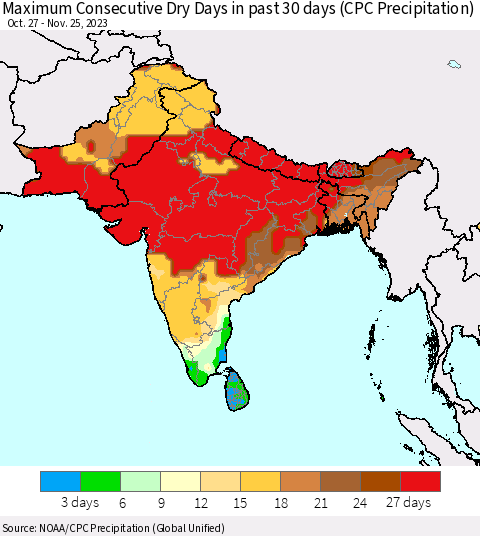 Southern Asia Maximum Consecutive Dry Days in past 30 days (CPC Precipitation) Thematic Map For 11/21/2023 - 11/25/2023
