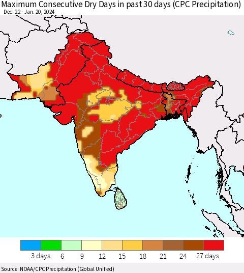 Southern Asia Maximum Consecutive Dry Days in past 30 days (CPC Precipitation) Thematic Map For 1/16/2024 - 1/20/2024