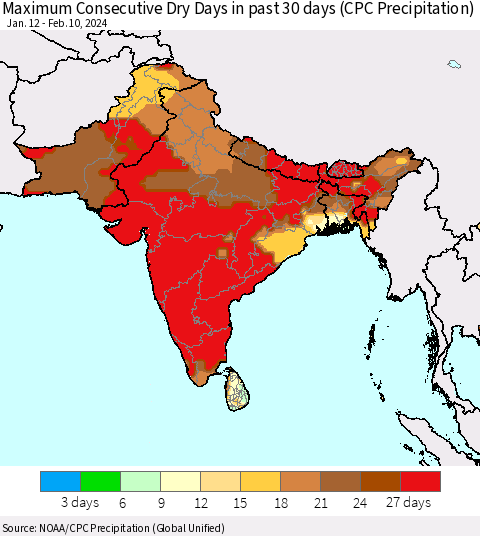 Southern Asia Maximum Consecutive Dry Days in past 30 days (CPC Precipitation) Thematic Map For 2/6/2024 - 2/10/2024