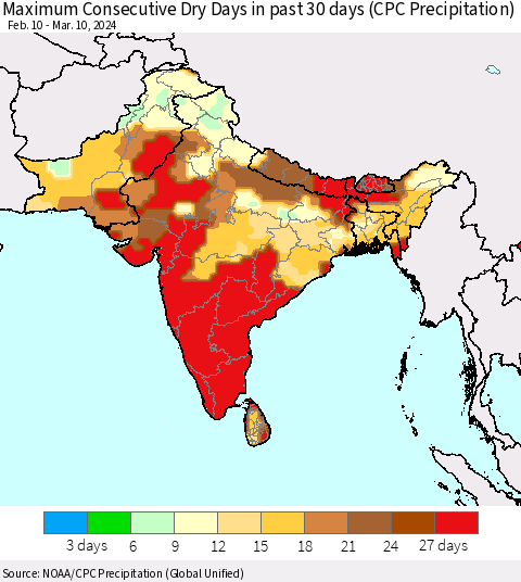 Southern Asia Maximum Consecutive Dry Days in past 30 days (CPC Precipitation) Thematic Map For 3/6/2024 - 3/10/2024