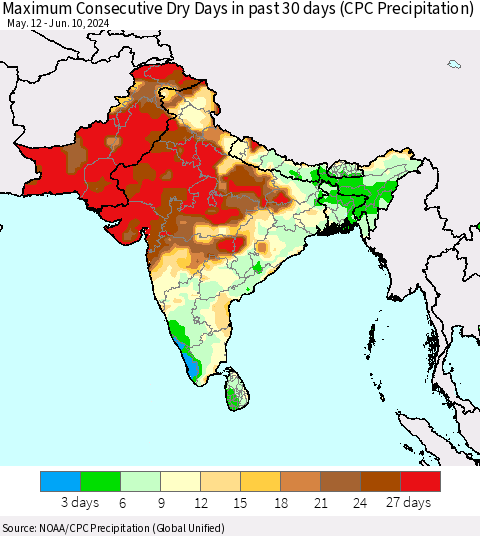 Southern Asia Maximum Consecutive Dry Days in past 30 days (CPC Precipitation) Thematic Map For 6/6/2024 - 6/10/2024