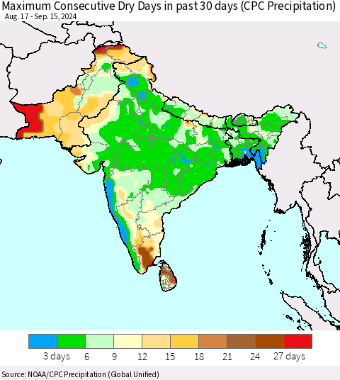 Southern Asia Maximum Consecutive Dry Days in past 30 days (CPC Precipitation) Thematic Map For 9/11/2024 - 9/15/2024