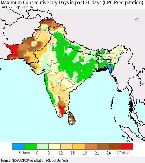 Southern Asia Maximum Consecutive Dry Days in past 30 days (CPC Precipitation) Thematic Map For 9/16/2024 - 9/20/2024