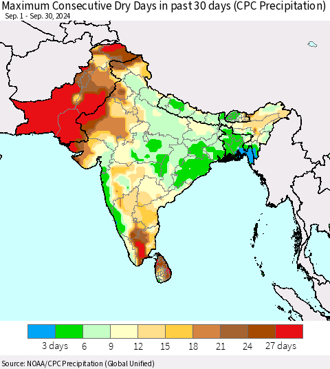 Southern Asia Maximum Consecutive Dry Days in past 30 days (CPC Precipitation) Thematic Map For 9/26/2024 - 9/30/2024