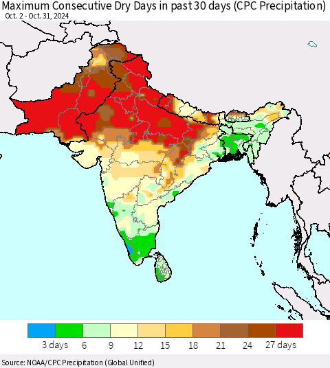 Southern Asia Maximum Consecutive Dry Days in past 30 days (CPC Precipitation) Thematic Map For 10/26/2024 - 10/31/2024