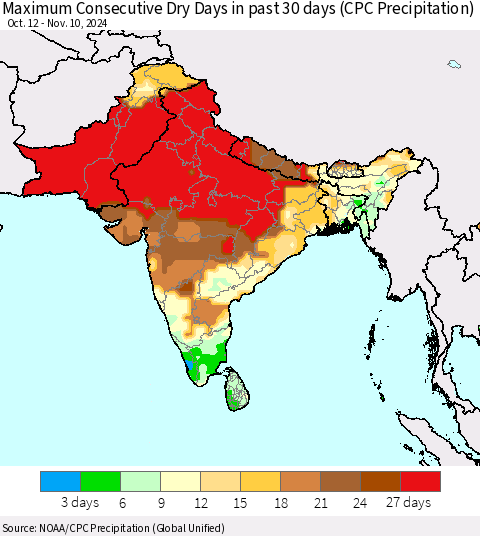 Southern Asia Maximum Consecutive Dry Days in past 30 days (CPC Precipitation) Thematic Map For 11/6/2024 - 11/10/2024