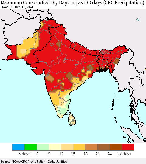 Southern Asia Maximum Consecutive Dry Days in past 30 days (CPC Precipitation) Thematic Map For 12/11/2024 - 12/15/2024