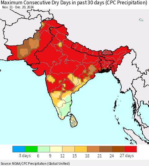 Southern Asia Maximum Consecutive Dry Days in past 30 days (CPC Precipitation) Thematic Map For 12/16/2024 - 12/20/2024