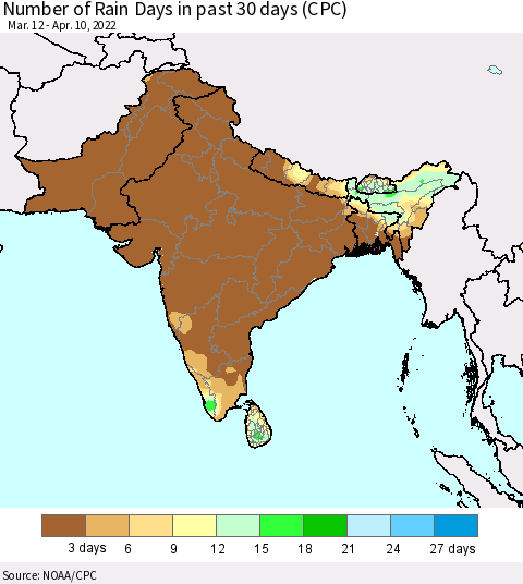 Southern Asia Number of Rain Days in past 30 days (CPC) Thematic Map For 4/6/2022 - 4/10/2022