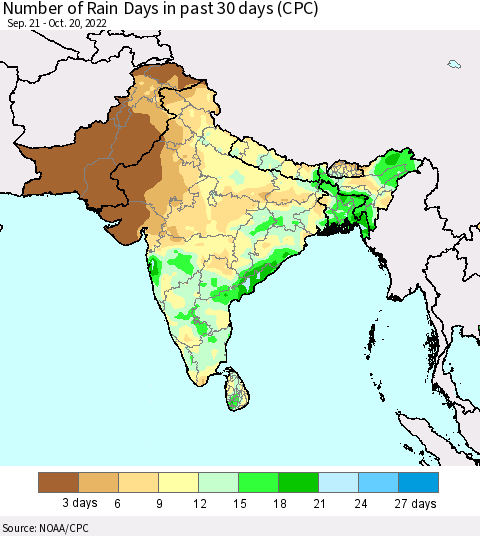 Southern Asia Number of Rain Days in past 30 days (CPC) Thematic Map For 10/16/2022 - 10/20/2022