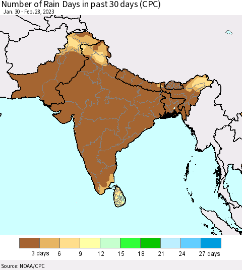 Southern Asia Number of Rain Days in past 30 days (CPC) Thematic Map For 2/26/2023 - 2/28/2023