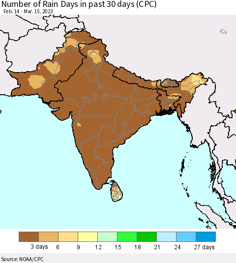 Southern Asia Number of Rain Days in past 30 days (CPC) Thematic Map For 3/11/2023 - 3/15/2023