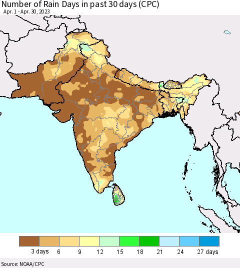 Southern Asia Number of Rain Days in past 30 days (CPC) Thematic Map For 4/26/2023 - 4/30/2023