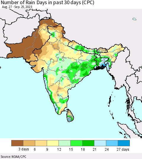 Southern Asia Number of Rain Days in past 30 days (CPC) Thematic Map For 9/21/2023 - 9/25/2023