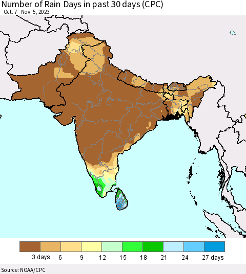 Southern Asia Number of Rain Days in past 30 days (CPC) Thematic Map For 11/1/2023 - 11/5/2023