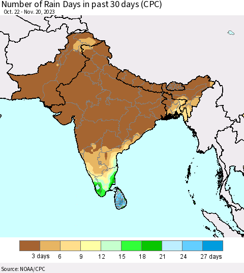 Southern Asia Number of Rain Days in past 30 days (CPC) Thematic Map For 11/16/2023 - 11/20/2023