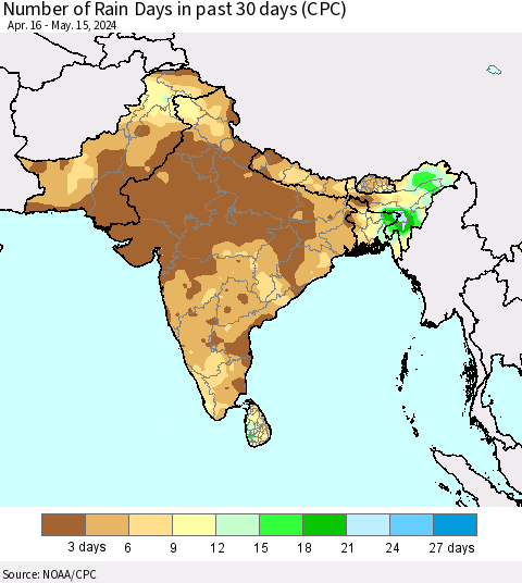 Southern Asia Number of Rain Days in past 30 days (CPC) Thematic Map For 5/11/2024 - 5/15/2024