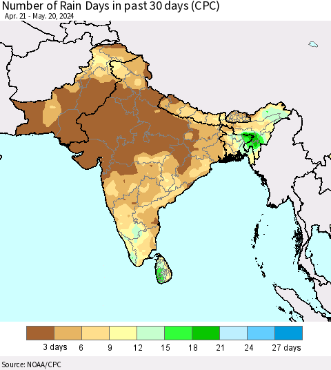 Southern Asia Number of Rain Days in past 30 days (CPC) Thematic Map For 5/16/2024 - 5/20/2024