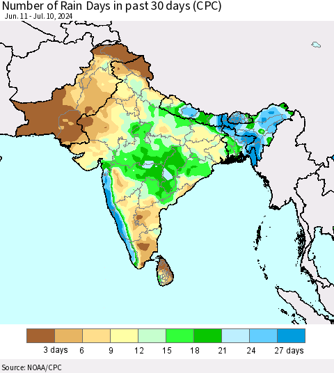 Southern Asia Number of Rain Days in past 30 days (CPC) Thematic Map For 7/6/2024 - 7/10/2024