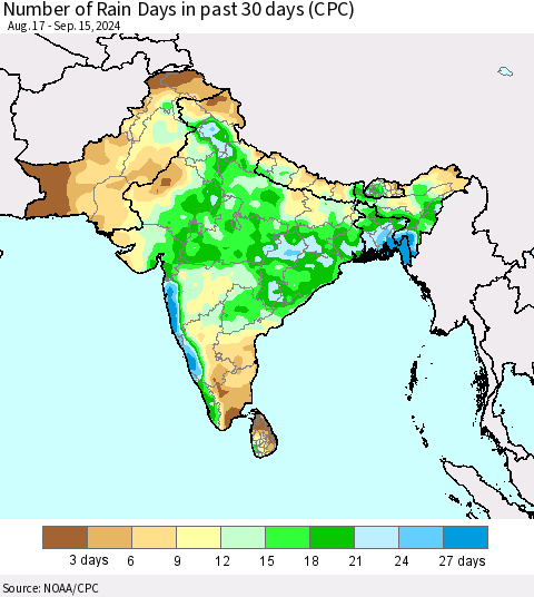 Southern Asia Number of Rain Days in past 30 days (CPC) Thematic Map For 9/11/2024 - 9/15/2024