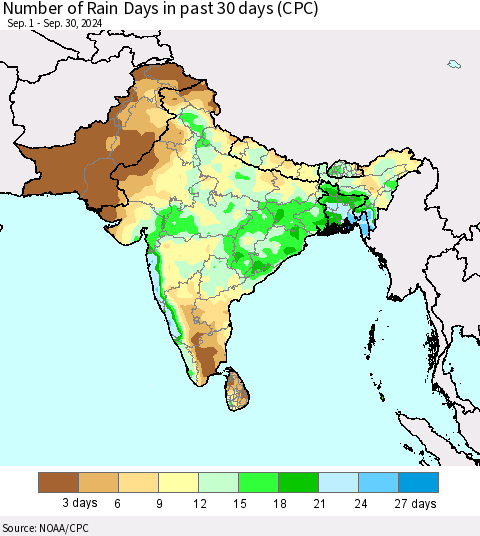 Southern Asia Number of Rain Days in past 30 days (CPC) Thematic Map For 9/26/2024 - 9/30/2024