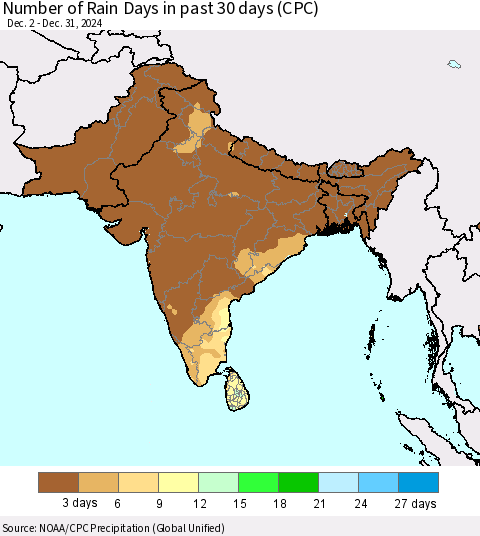 Southern Asia Number of Rain Days in past 30 days (CPC) Thematic Map For 12/26/2024 - 12/31/2024