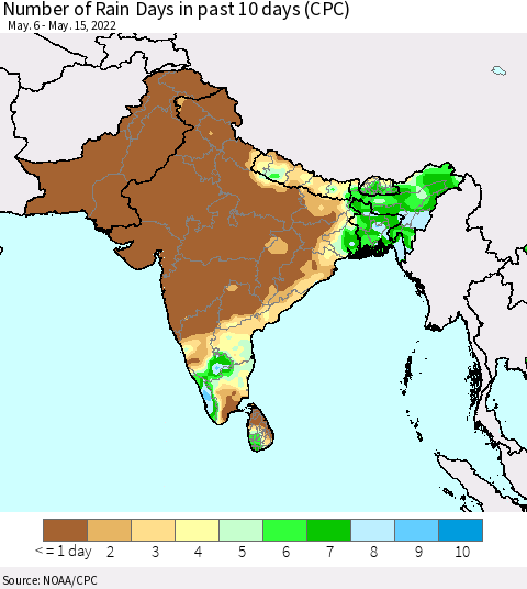 Southern Asia Number of Rain Days in past 10 days (CPC) Thematic Map For 5/11/2022 - 5/15/2022