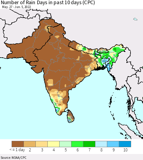 Southern Asia Number of Rain Days in past 10 days (CPC) Thematic Map For 6/1/2022 - 6/5/2022