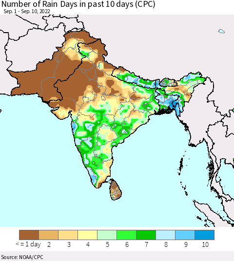 Southern Asia Number of Rain Days in past 10 days (CPC) Thematic Map For 9/6/2022 - 9/10/2022