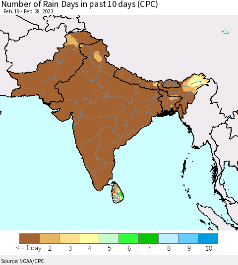 Southern Asia Number of Rain Days in past 10 days (CPC) Thematic Map For 2/26/2023 - 2/28/2023