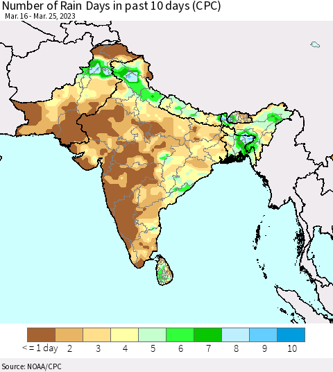 Southern Asia Number of Rain Days in past 10 days (CPC) Thematic Map For 3/21/2023 - 3/25/2023
