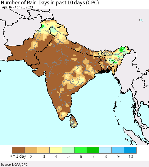 Southern Asia Number of Rain Days in past 10 days (CPC) Thematic Map For 4/21/2023 - 4/25/2023