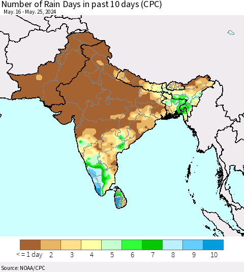 Southern Asia Number of Rain Days in past 10 days (CPC) Thematic Map For 5/21/2024 - 5/25/2024