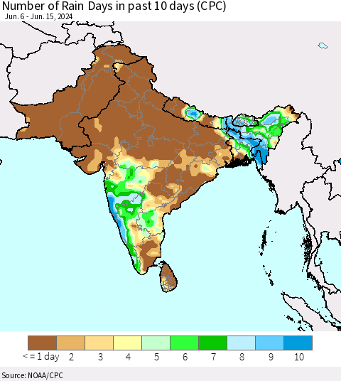 Southern Asia Number of Rain Days in past 10 days (CPC) Thematic Map For 6/11/2024 - 6/15/2024