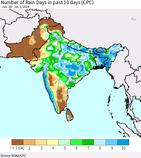 Southern Asia Number of Rain Days in past 10 days (CPC) Thematic Map For 7/1/2024 - 7/5/2024