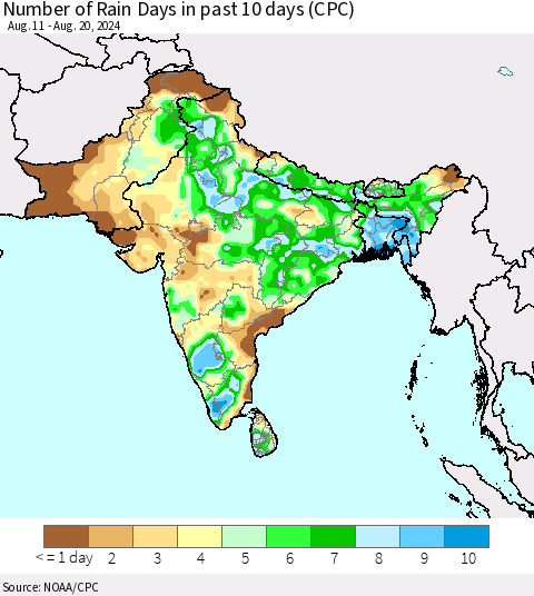 Southern Asia Number of Rain Days in past 10 days (CPC) Thematic Map For 8/16/2024 - 8/20/2024