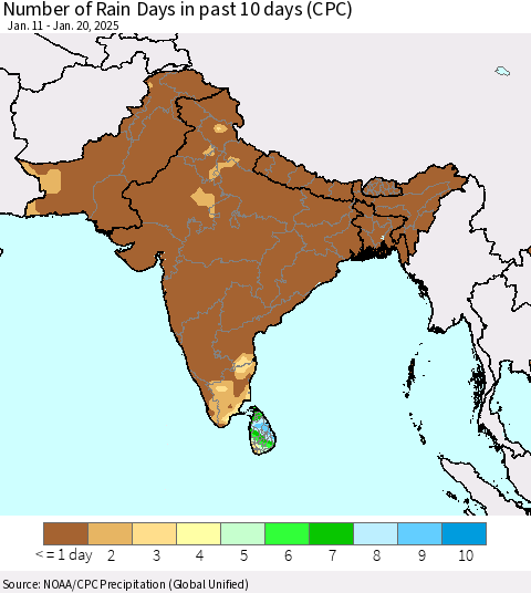 Southern Asia Number of Rain Days in past 10 days (CPC) Thematic Map For 1/16/2025 - 1/20/2025