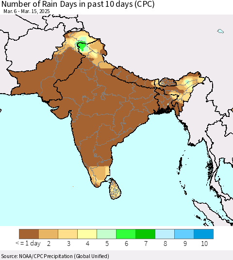 Southern Asia Number of Rain Days in past 10 days (CPC) Thematic Map For 3/11/2025 - 3/15/2025