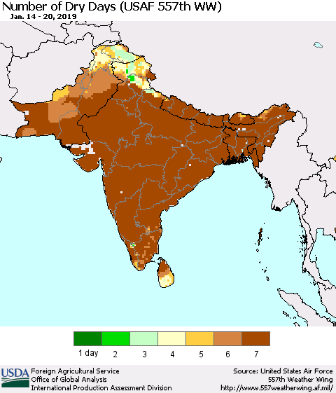 Southern Asia Number of Dry Days (USAF 557th WW) Thematic Map For 1/14/2019 - 1/20/2019