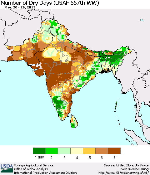 Southern Asia Number of Dry Days (USAF 557th WW) Thematic Map For 5/20/2019 - 5/26/2019
