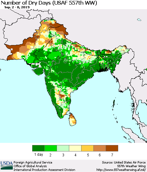 Southern Asia Number of Dry Days (USAF 557th WW) Thematic Map For 9/2/2019 - 9/8/2019